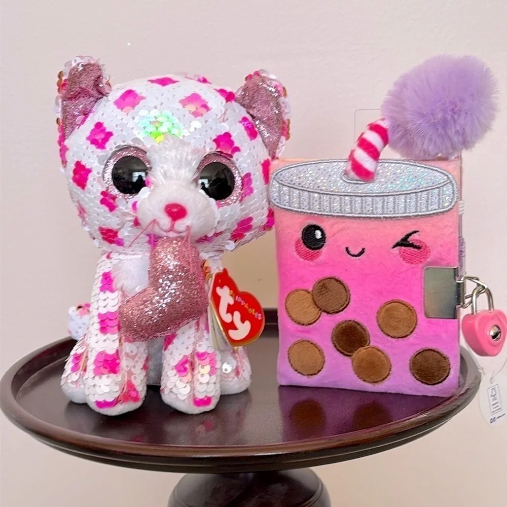 Brand New Ty FIippables Sequins Cupid the Valentine Cat Plush & Pink Boba Diary